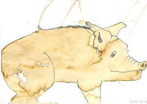 Roswitha Riebe-Beicht »Schweinchen«, Bleistiftzeichnung über Kaffeeflecken auf Papier, 2019